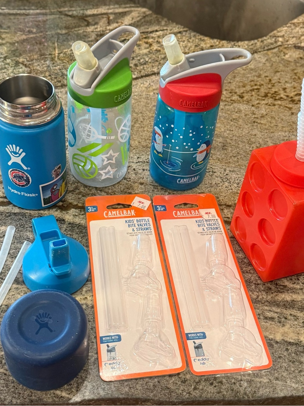 4 Kids Water Bottles (Camelbak, Hydro Flask, LEGO-shaped) + 5 Spare Straws